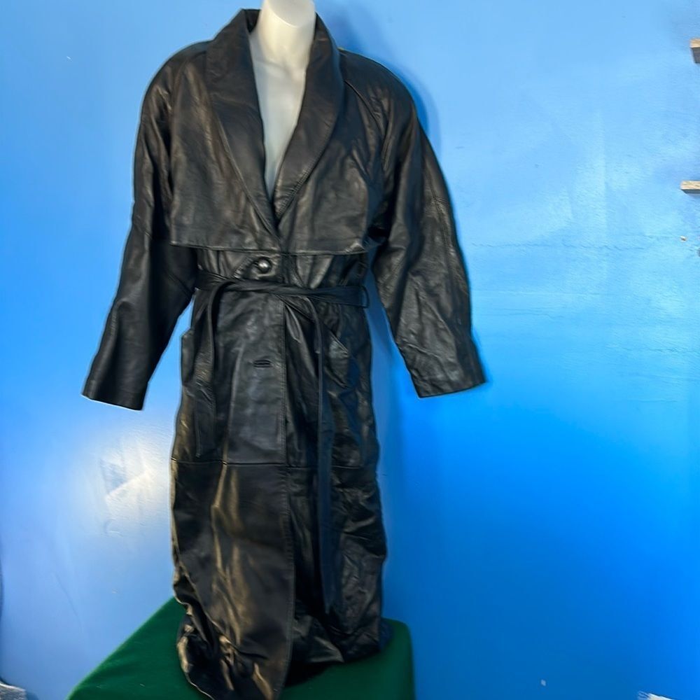 G III Black Leather Trench Coat Size Medium Belted Long Jacket Women’s